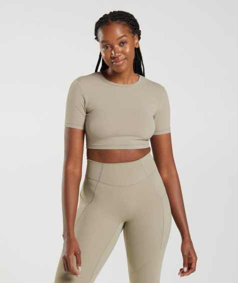 Przycięte Topy Gymshark Whitney Krótkie Sleeve Damskie Khaki | PL 627OXZ